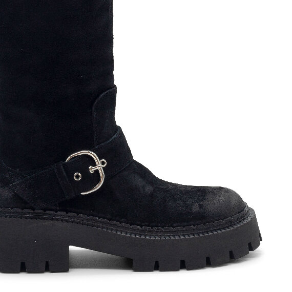 H04 Bob – Black biker boot in vintage calf suede  